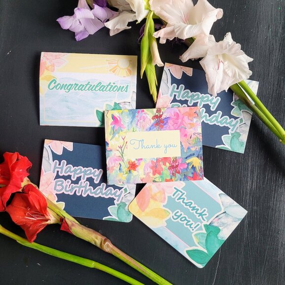 Tropical Pastel Floral Sampler of 5 Greeting Cards - Thank you, Happy Birthday - Picture 1 of 7